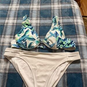 Shade & Shore White Bikini with Blue and Green Leaf Print Top